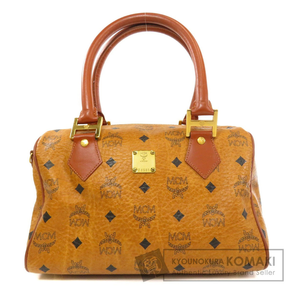 MCM Visetos Boston Bag cognac canvas rolled leather top Brown